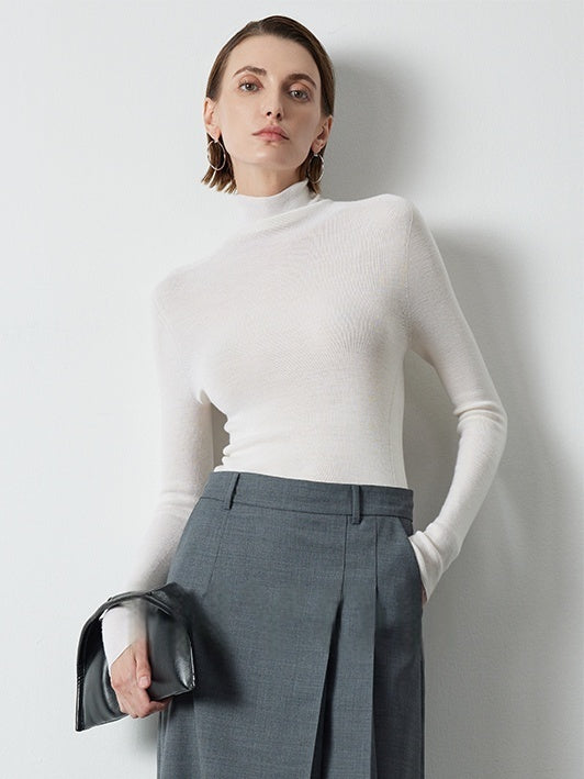Slim-Fit Seamless Merino Wool Knit | Semi-High Neck Base Layer for Women | Autumn Winter Essential