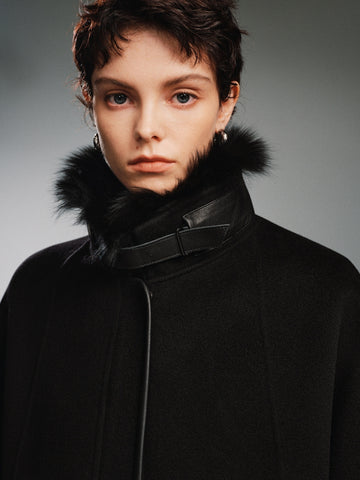 20% Cashmere Double-Faced Wool Coat for Women – Short Black Overcoat with Fox Fur & Sheepskin “Misty Rose”