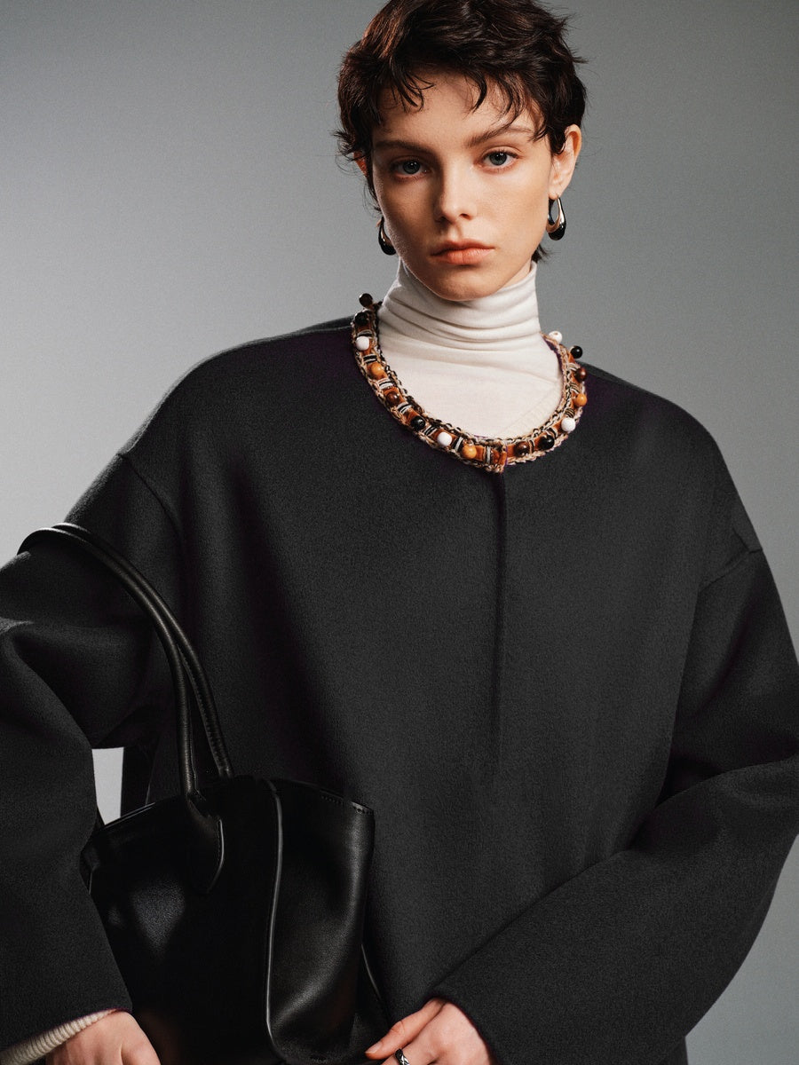 20% Cashmere Original Design Double-Faced Wool Coat for Women – Beaded Embellished Mid-Length Overcoat