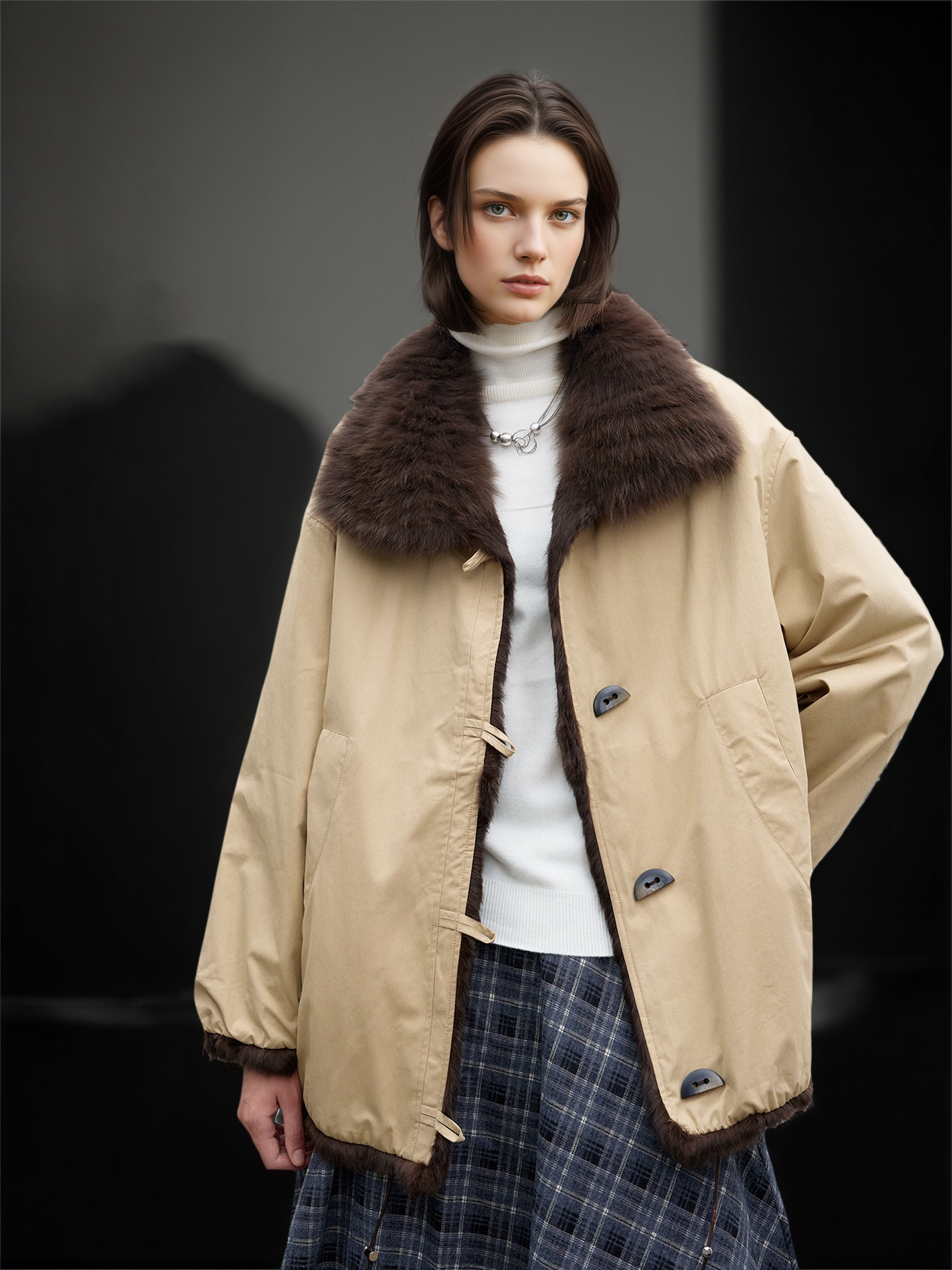 Women’s Mid-Length Parka Coat with  Fox Fur Hood and Faux Rabbit Fur Lining | Winter Jacket