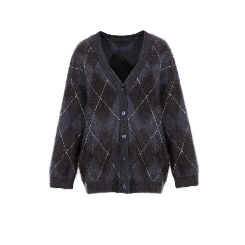 Heavyweight Brushed Knit Vintage Diamond-Pattern Cardigan for Women