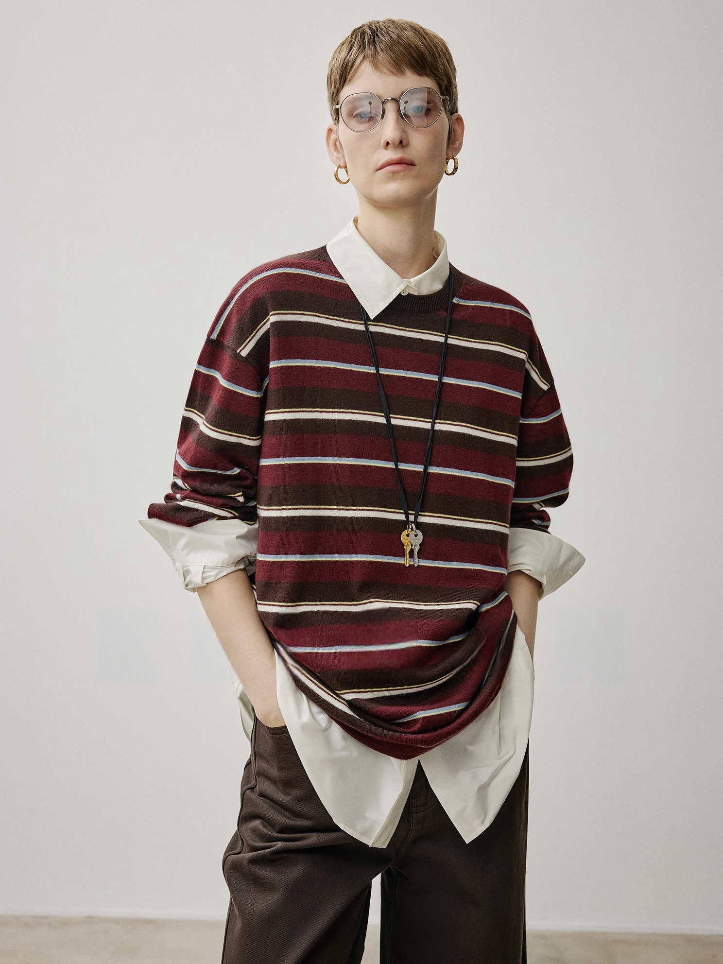 Washed Wool Striped Oversized Sweater for Women – Thick German-Style BIELLA Knit