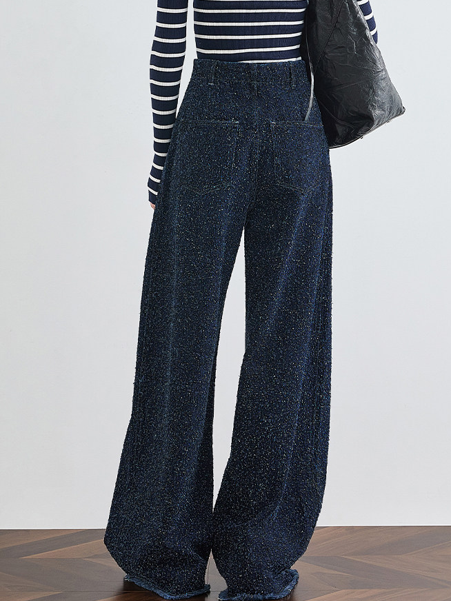 Women's Dark Blue High-Waist Wide-Leg Jeans – Extended Length Frayed Hem Floor-Length Denim Pants for Tall