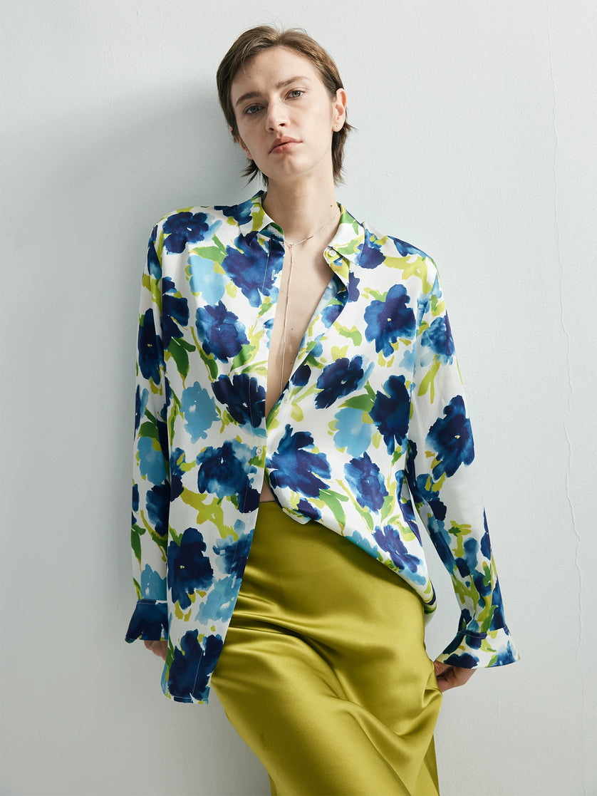 Printed silk shirt outfit inspiration