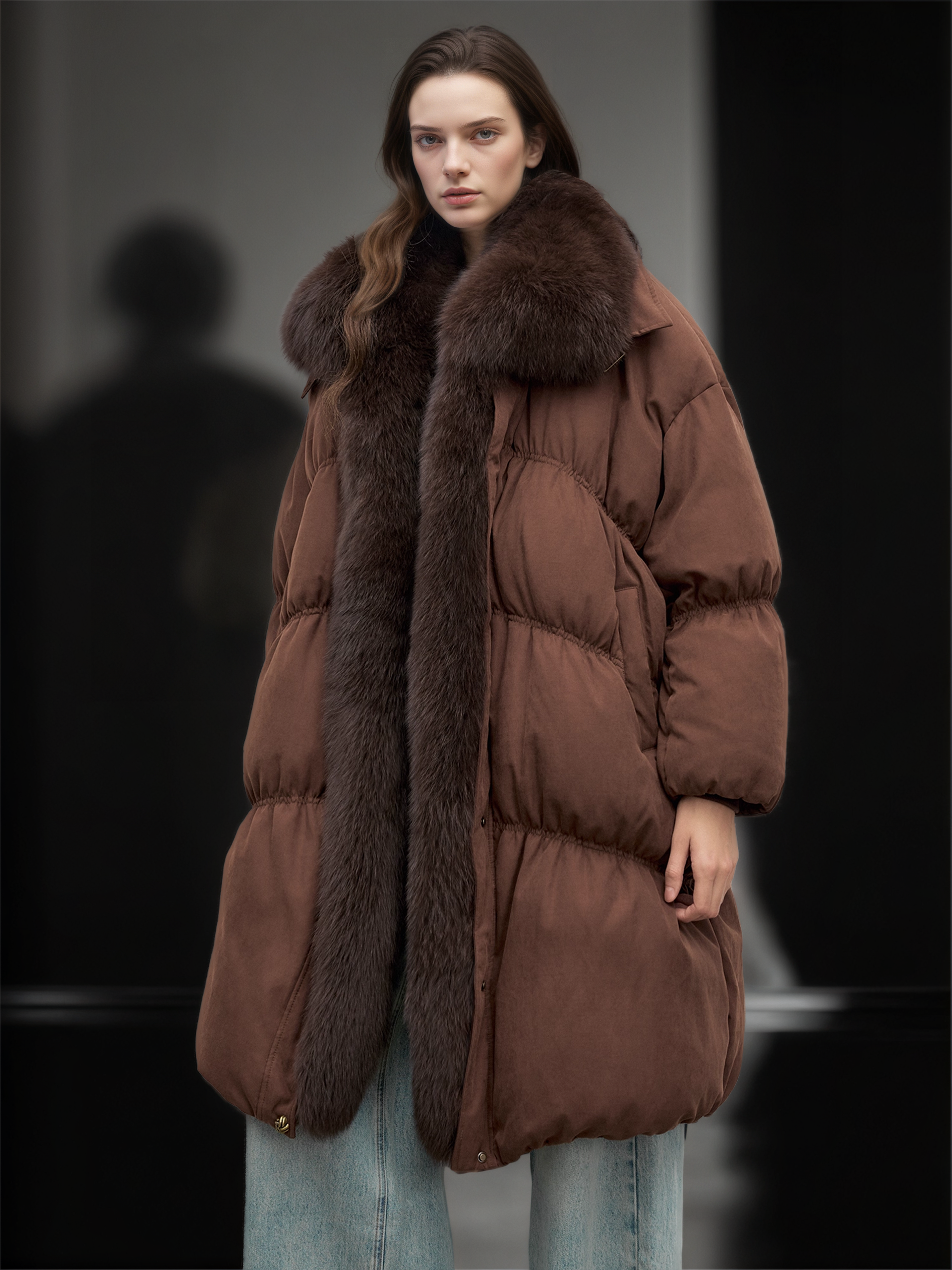 Women’s Mid-Length Down Coat with&nbsp; Fox Fur Hood | 90% White Goose Down Winter Jacket