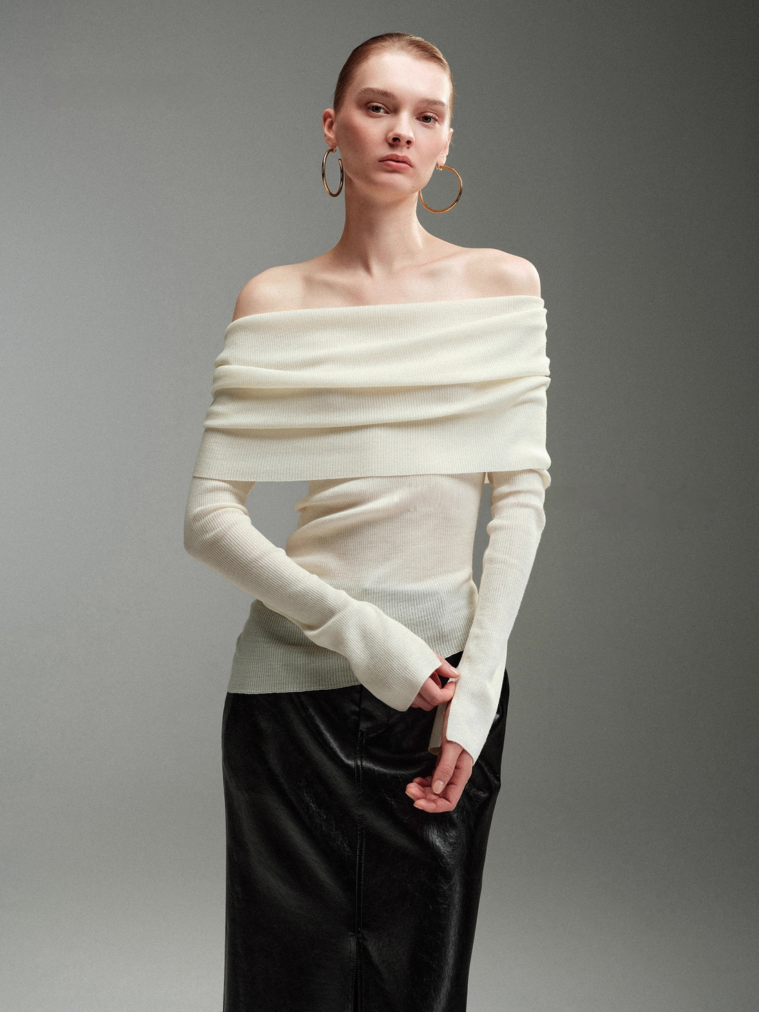 Pure Wool Fine-Rib Off-Shoulder Drape Neck Knit Top for Women – Elegant Spring/Fall Sweater