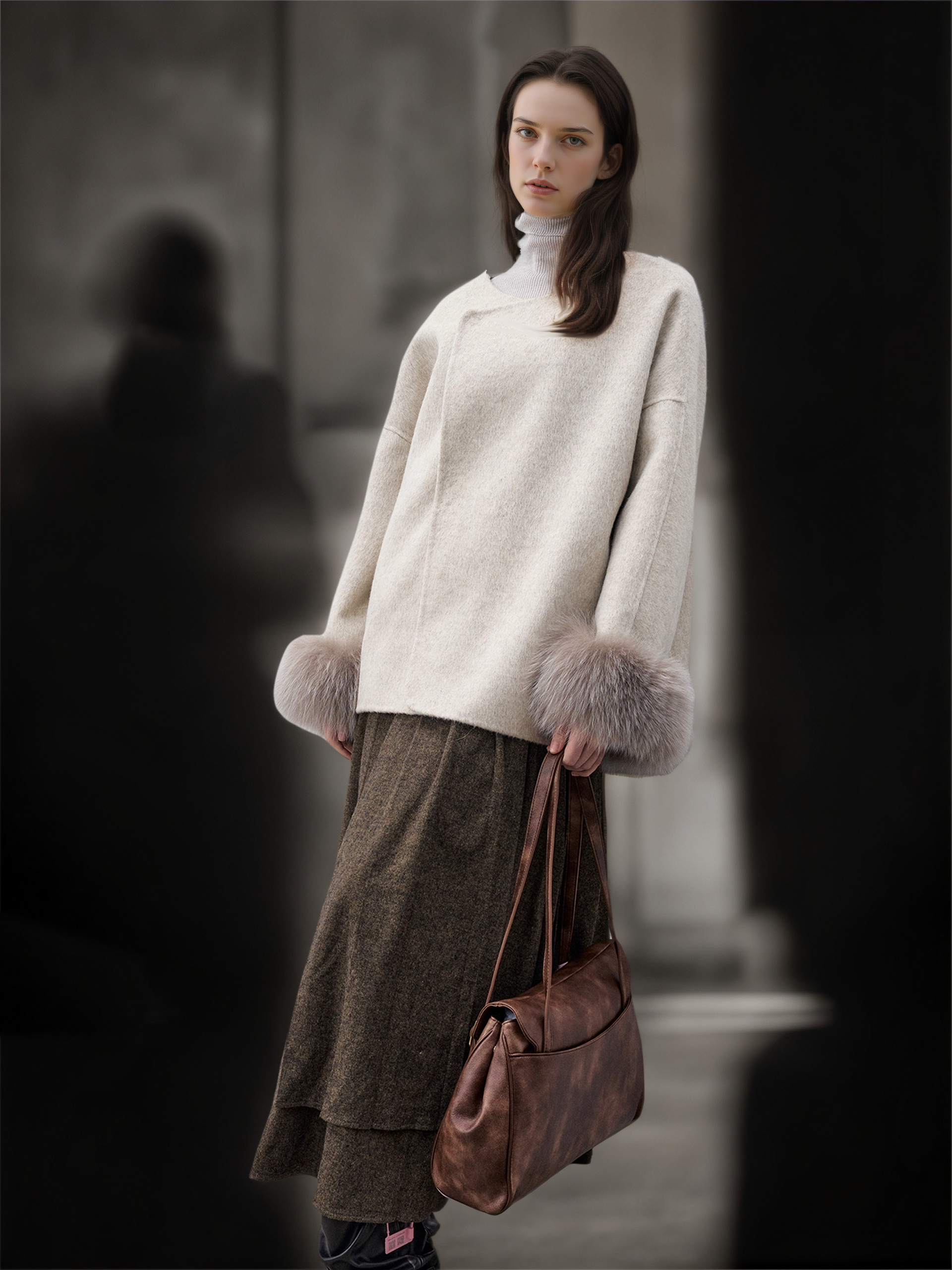 Women’s Short Double-Faced Wool Coat with  Fox Fur Cuffs | Loose Fit Alpaca Blend Jacket