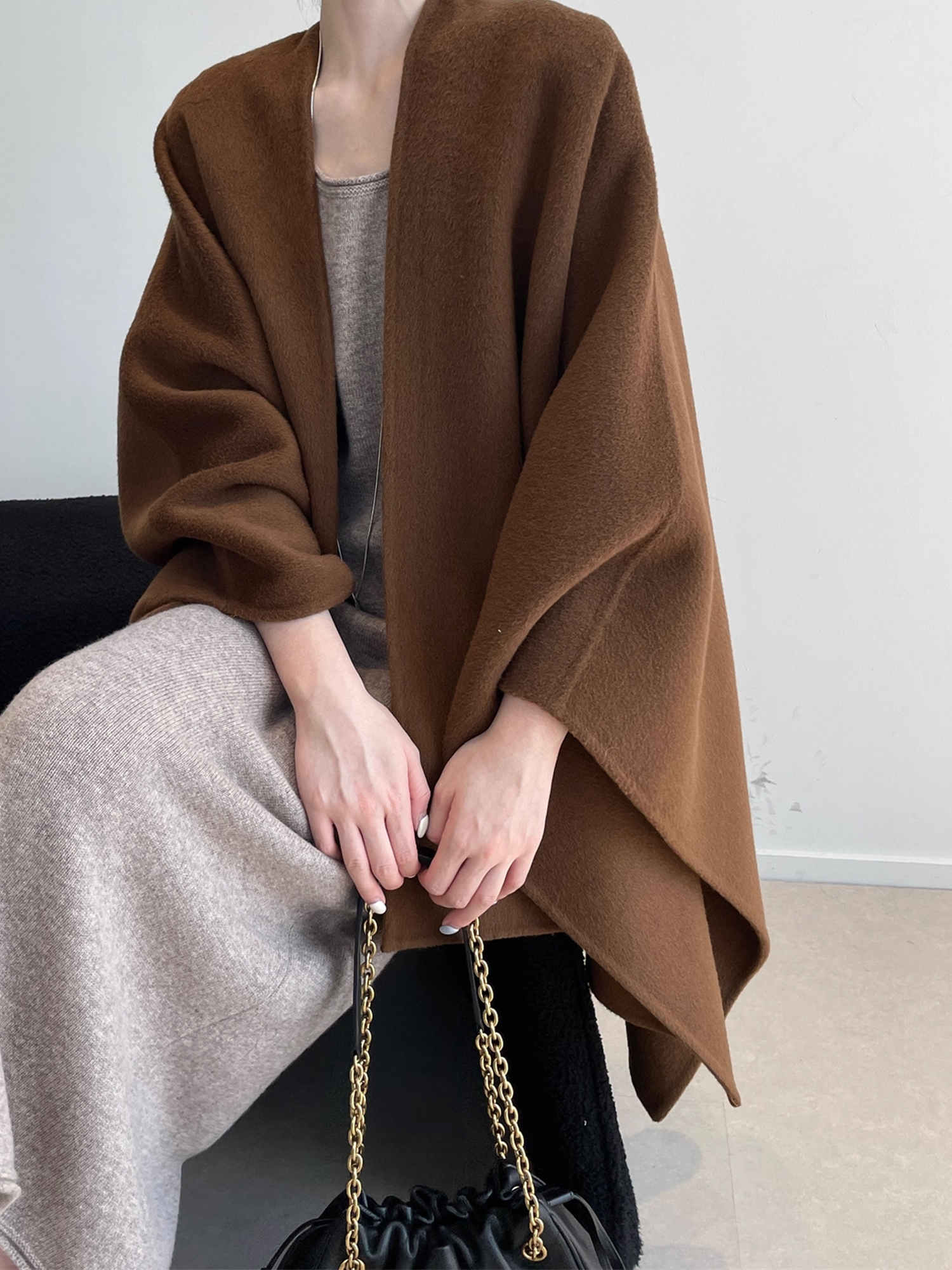 Women’s 80% Wool 20% Tencel Shawl Cape | Elegant Old Money Style Wrap in Classic Tan Brown