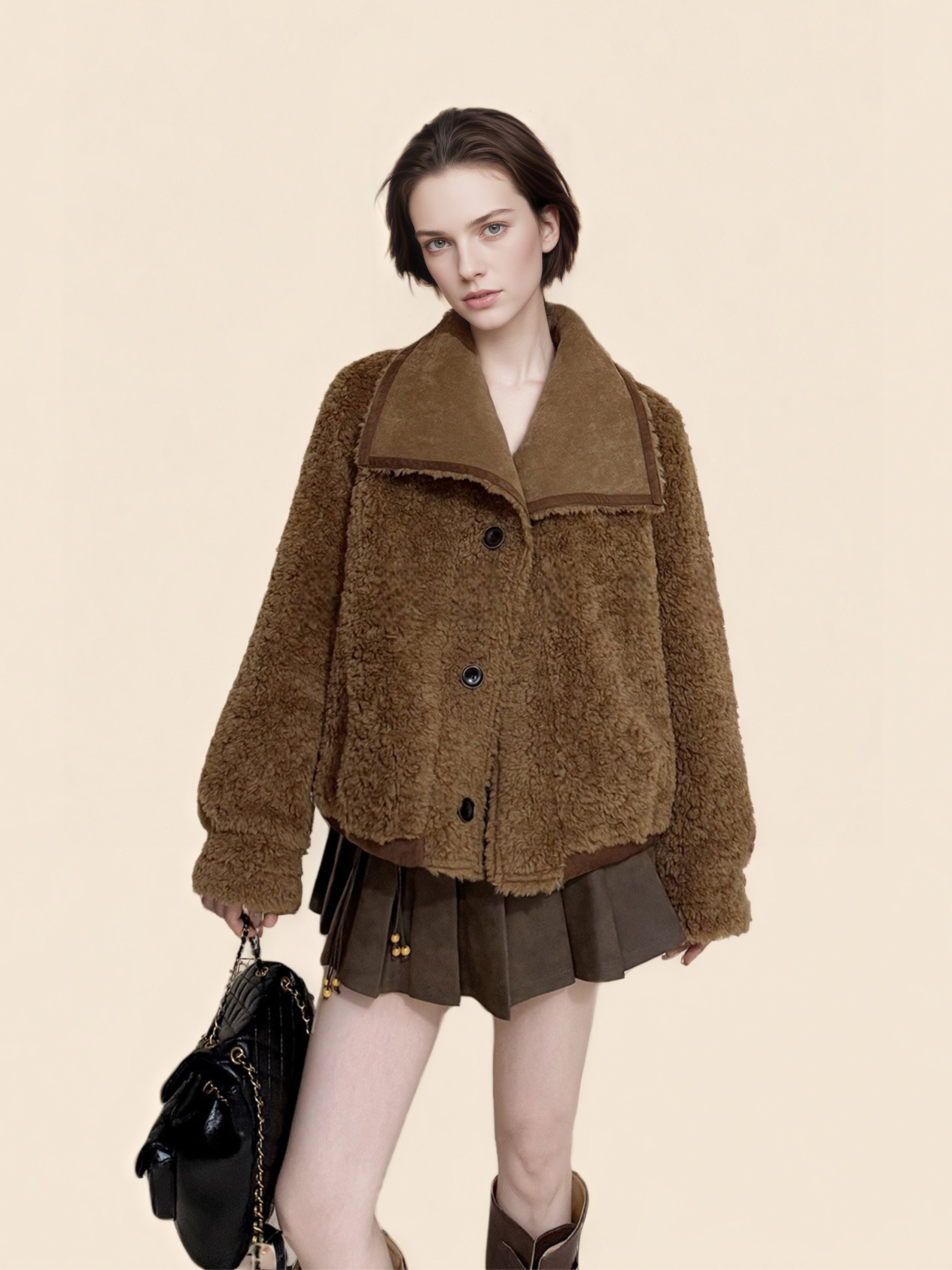 Reversible Suede-Finish Coat for Women – Faux Shearling Lined Winter Short Jacket with Lapel Collar