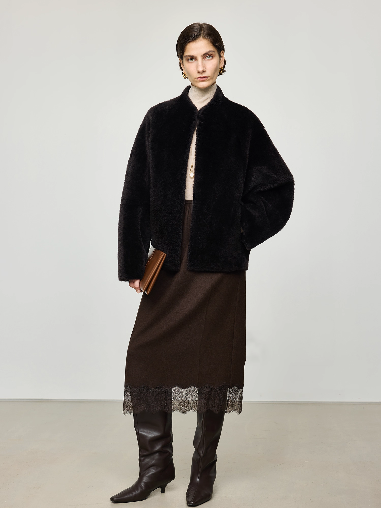 Italian VBC Wool Flannel Skirt for Women | French Lace, Elastic Waist, Straight Midi Skirt