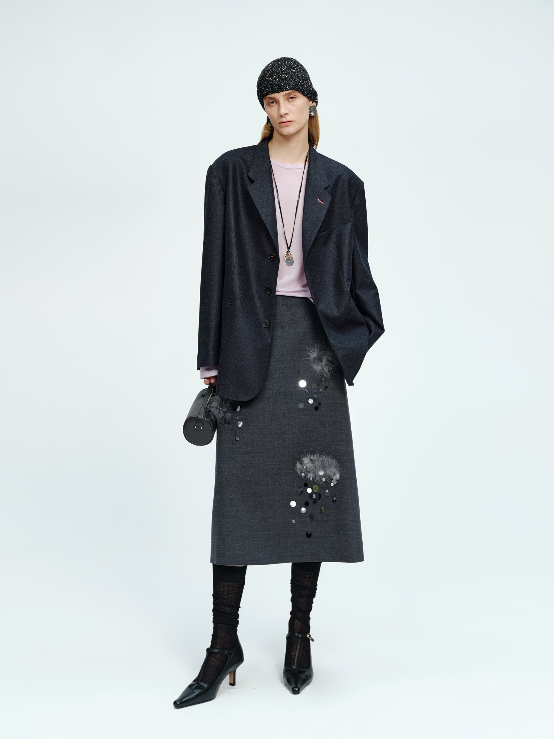 Hand-Beaded Wool A-Line Midi Skirt with Rare Imported Turkey Feathers | Luxury One-Piece Design