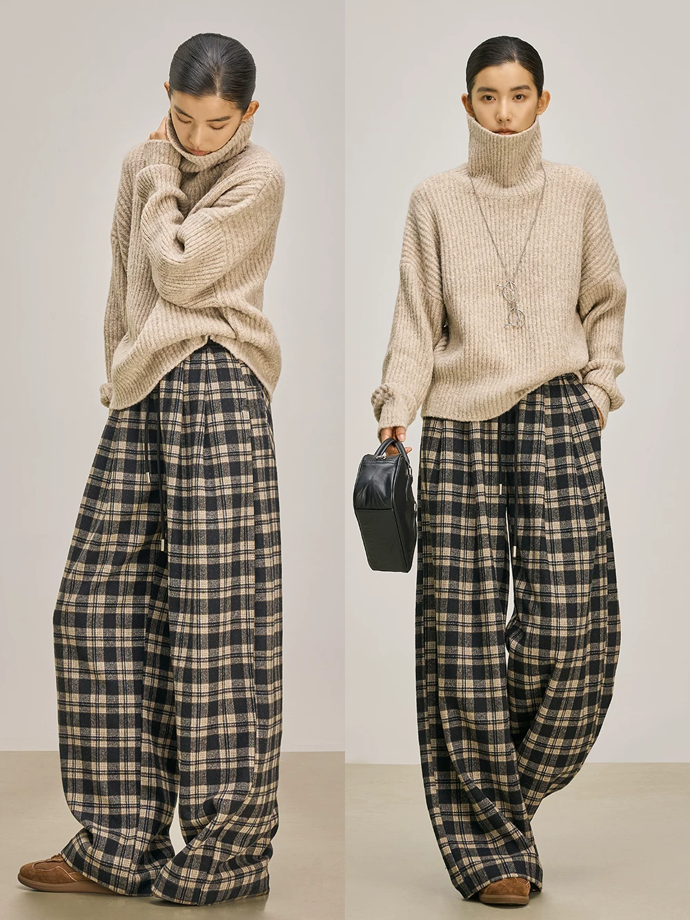 Women's Winter Mocha Plaid Patchwork Wool Wide-Leg Pants – Draped Casual Loose Straight Trousers
