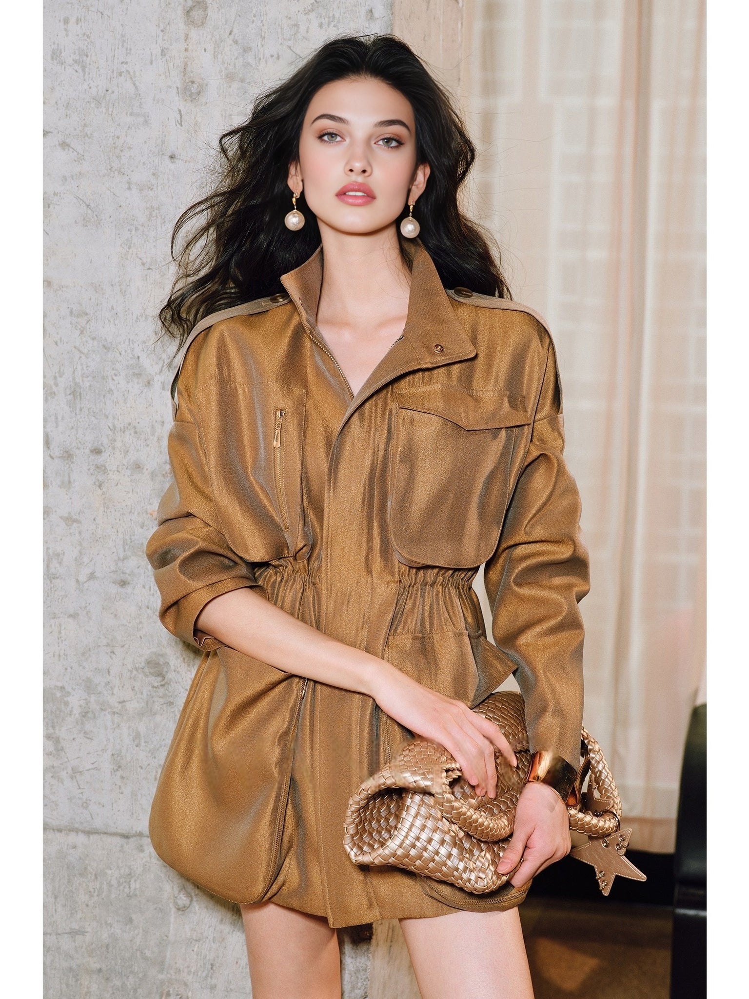 Lustrous Silk Brocade Coat – Stand Collar, Waist-Cinching with Structural Pockets