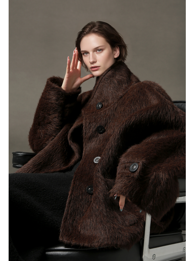 Alpaca Wool Biker Jacket for Women – Stand Collar Suoli Alpaca Coat with Luxe Textured Finish, Winter Chic Outerwear