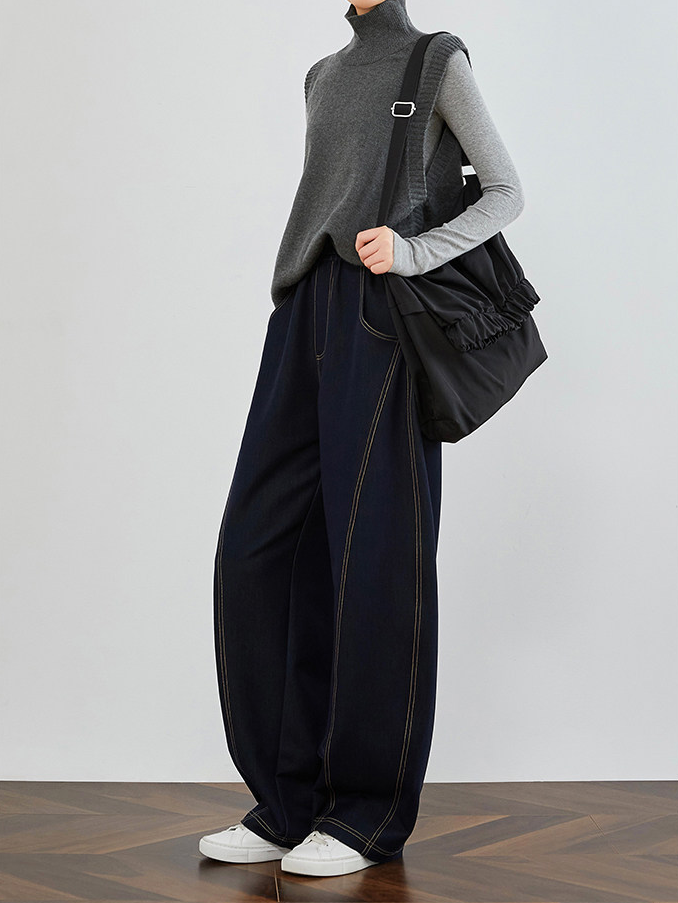 High-Quality Faux Denim Women's Loose Fit Banana Jeans – Elastic Waist Tall Extended Wide-Leg Scythe Pants