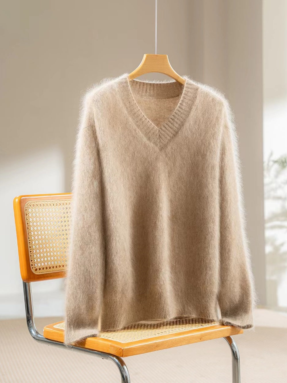 100% Rare Haan Mountain Cashmere Brushed Knit | Cloud-Soft Oversized V-Neck Sweater for Women