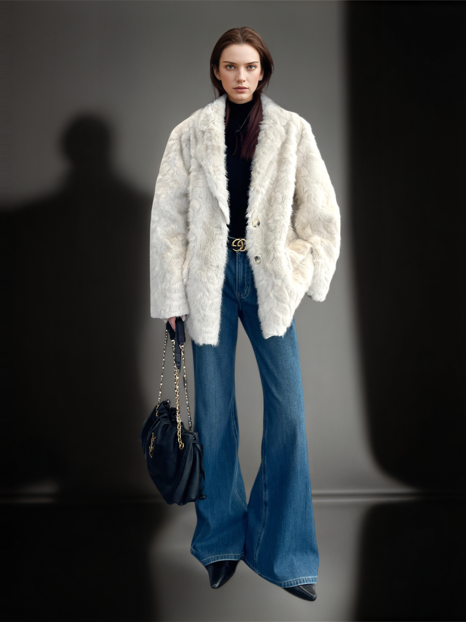 Women’s Faux Shearling Blazer Coat with V-Neck | Chic Bouclé Style Eco Fur Jacket for Winter