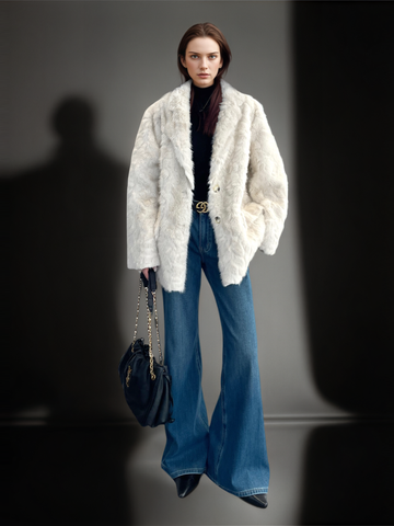 Women’s Faux Shearling Blazer Coat with V-Neck | Chic Bouclé Style Eco Fur Jacket for Winter