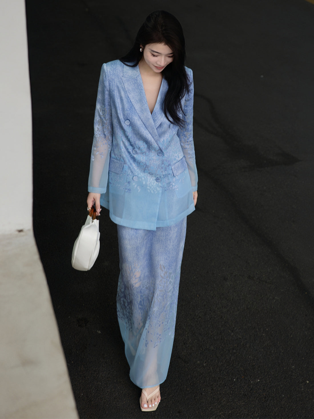 High-End Vintage Jacquard Two-Piece Set – Blue Blazer & Straight Mesh Skirt for Women