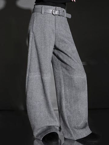 Fashion Belted Tapered Wool Trousers for Women – Elegant Cocoon Silhouette Long Suit Pants