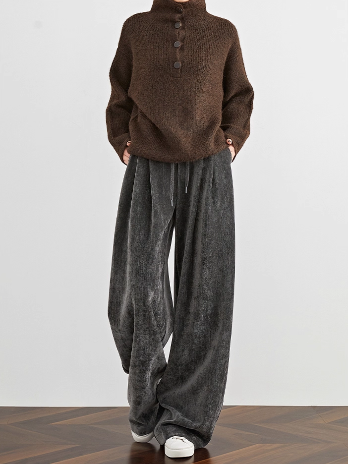 Women's Dark Gray Velvet Wide-Leg Pants – Extended Fall/Winter Chenille Casual Lounge Floor-Length Trousers with Draped Fit