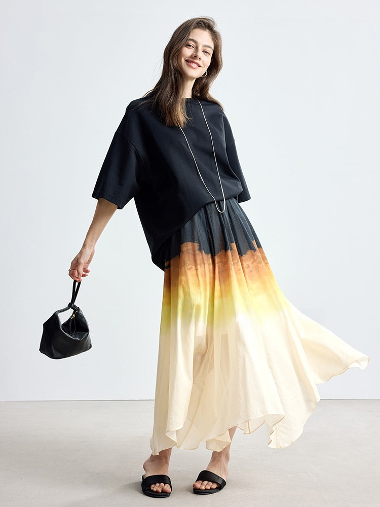 Artistic Gradient Sunset Print Tencel Pleated Skirt with Flared Hem