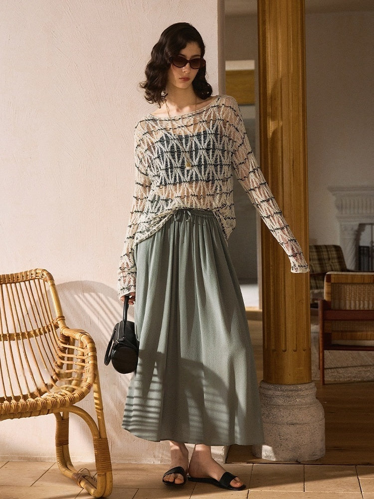 Nomadic Style Artisanal Hollow-Knit Boat Neck Top – Slimming Fit and Exquisite Craftsmanship