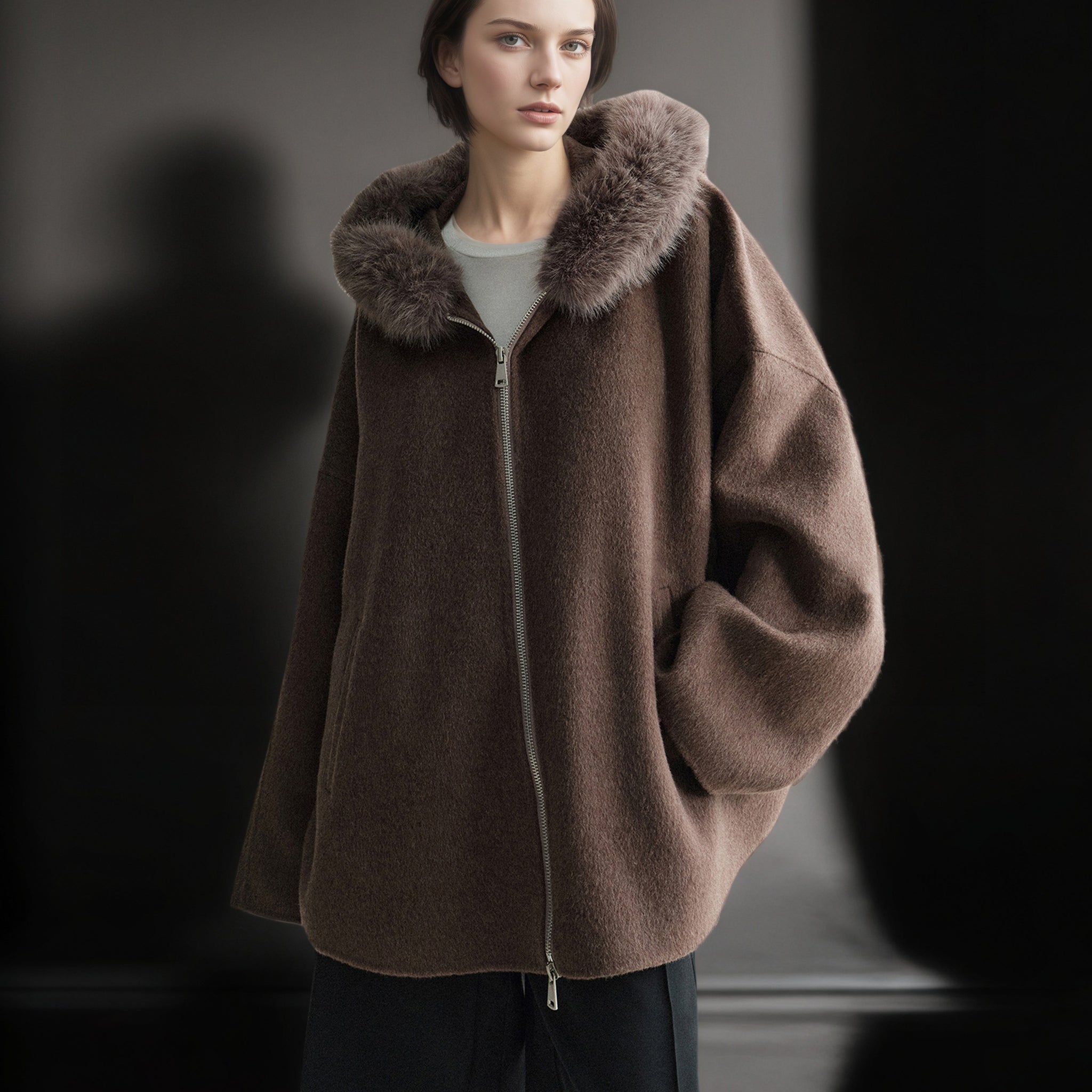 Wool Camel Hair Silk Detachable Fur Hood Cape - Women's Double-Faced Wool Coat