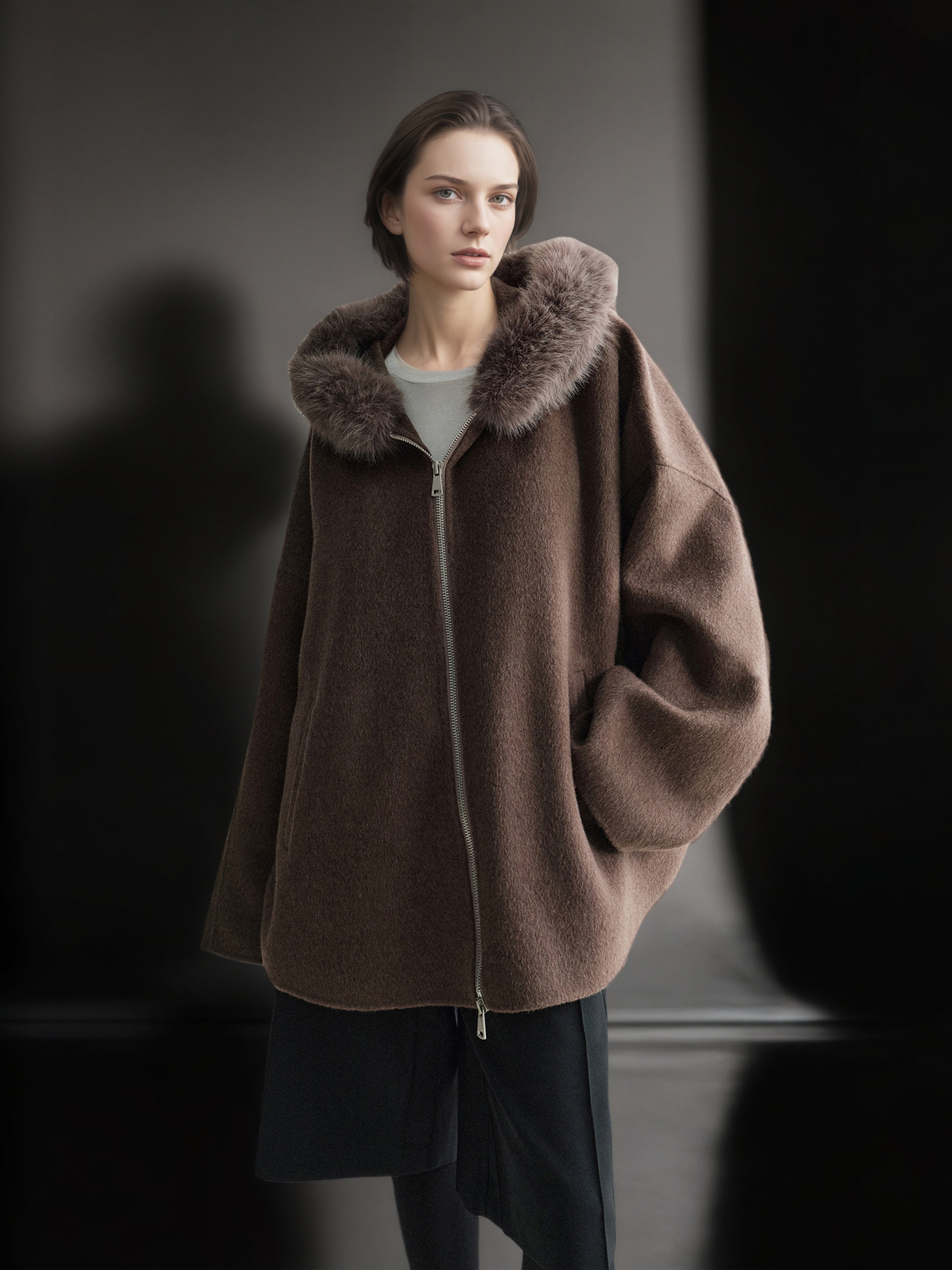 Wool Camel Hair Silk Detachable Fur Hood Cape - Women's Double-Faced Wool Coat
