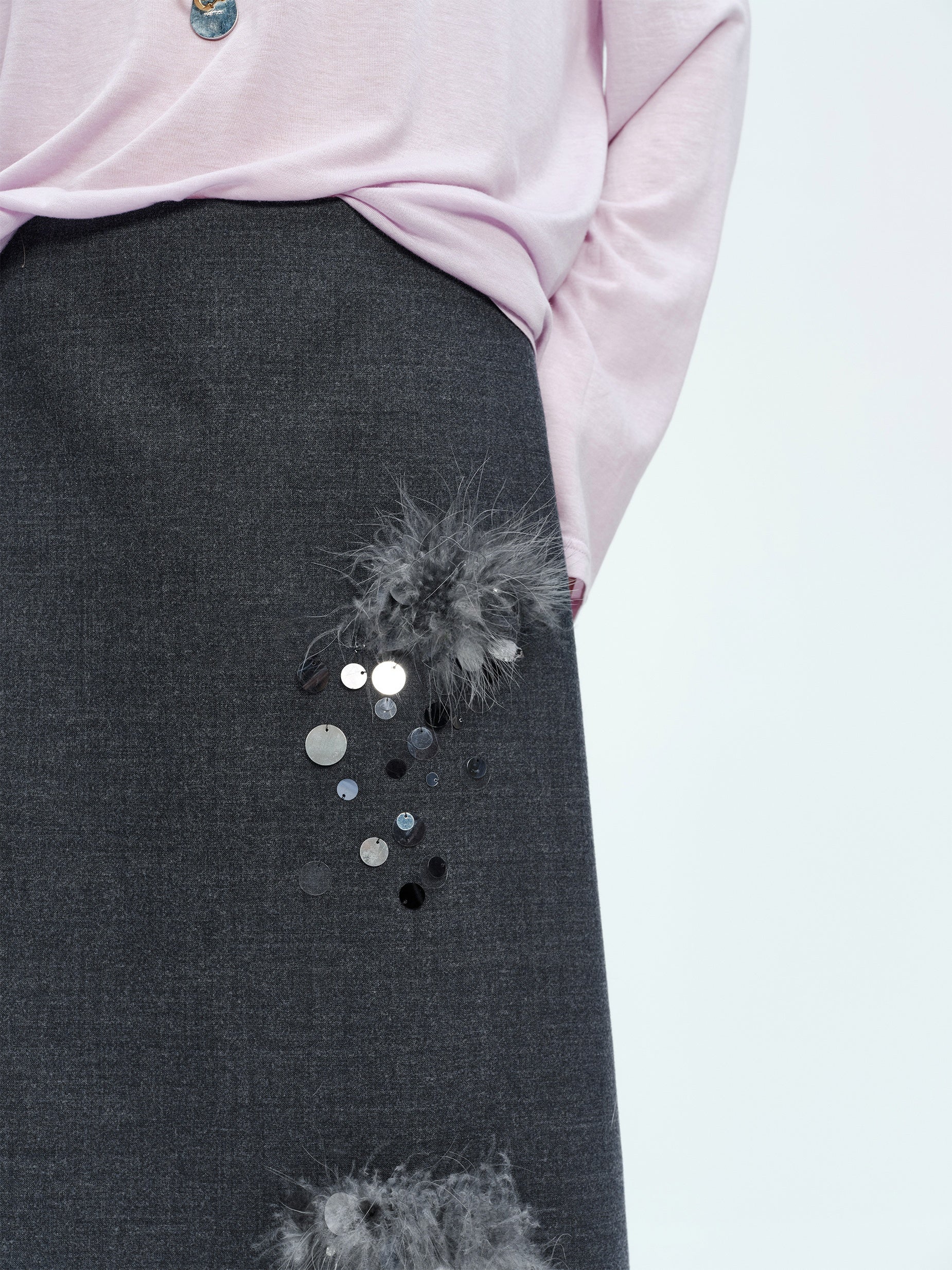 Hand-Beaded Wool A-Line Midi Skirt with Rare Imported Turkey Feathers | Luxury One-Piece Design