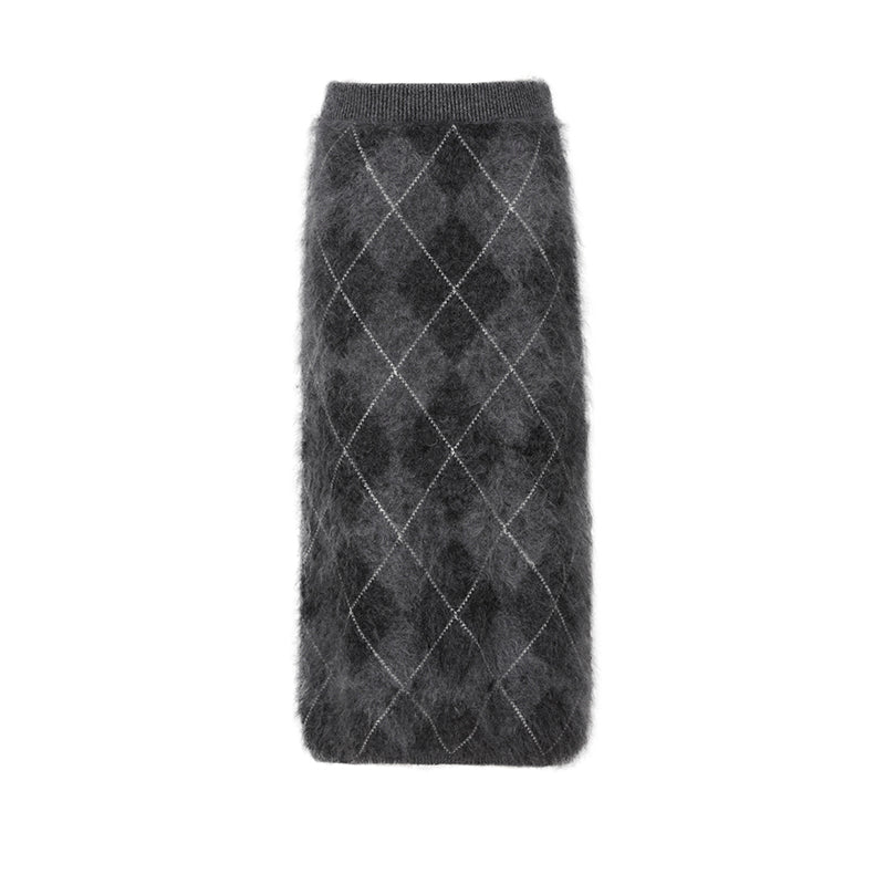 Heavyweight Brushed Knit Vintage Diamond-Pattern Midi Skirt for Women