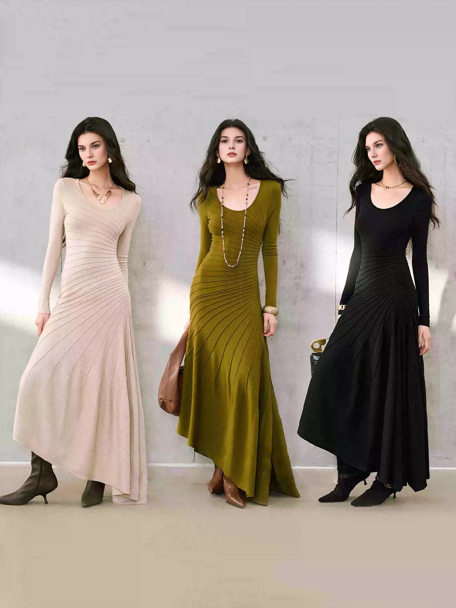 Soft Wool Textured Asymmetric Dress – Skin-Friendly Wool, Radiating Weave, Slim One-Shoulder Fit & Flared Mermaid Hem