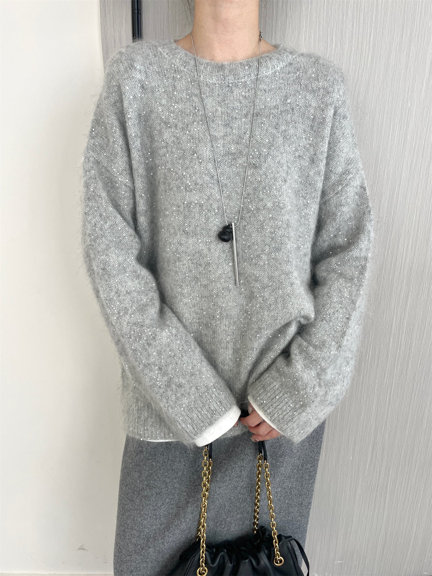 Women’s Premium Mohair Alpaca Wool Sweater | Soft Brushed Knit Pullover with Sequin Yarn for Winter