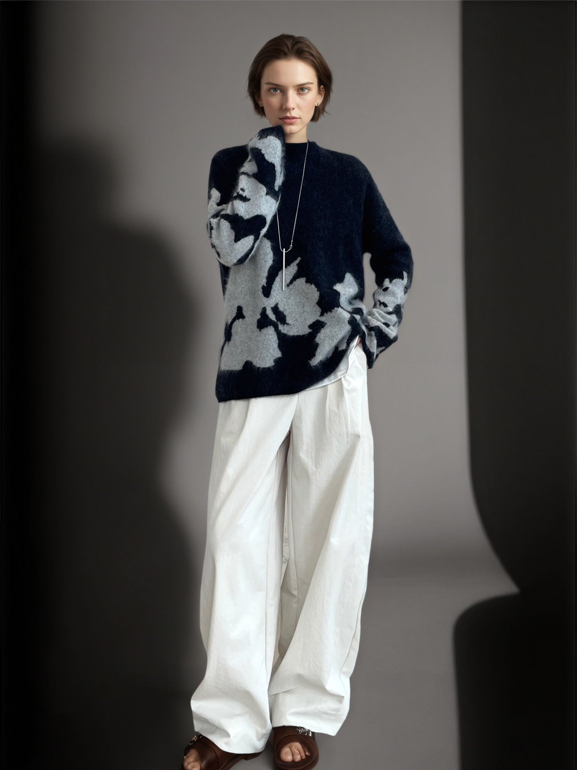 Women’s Wool Cashmere Jacquard Knit Sweater | Soft Brushed Pullover with Relaxed Fit for Fall Winter