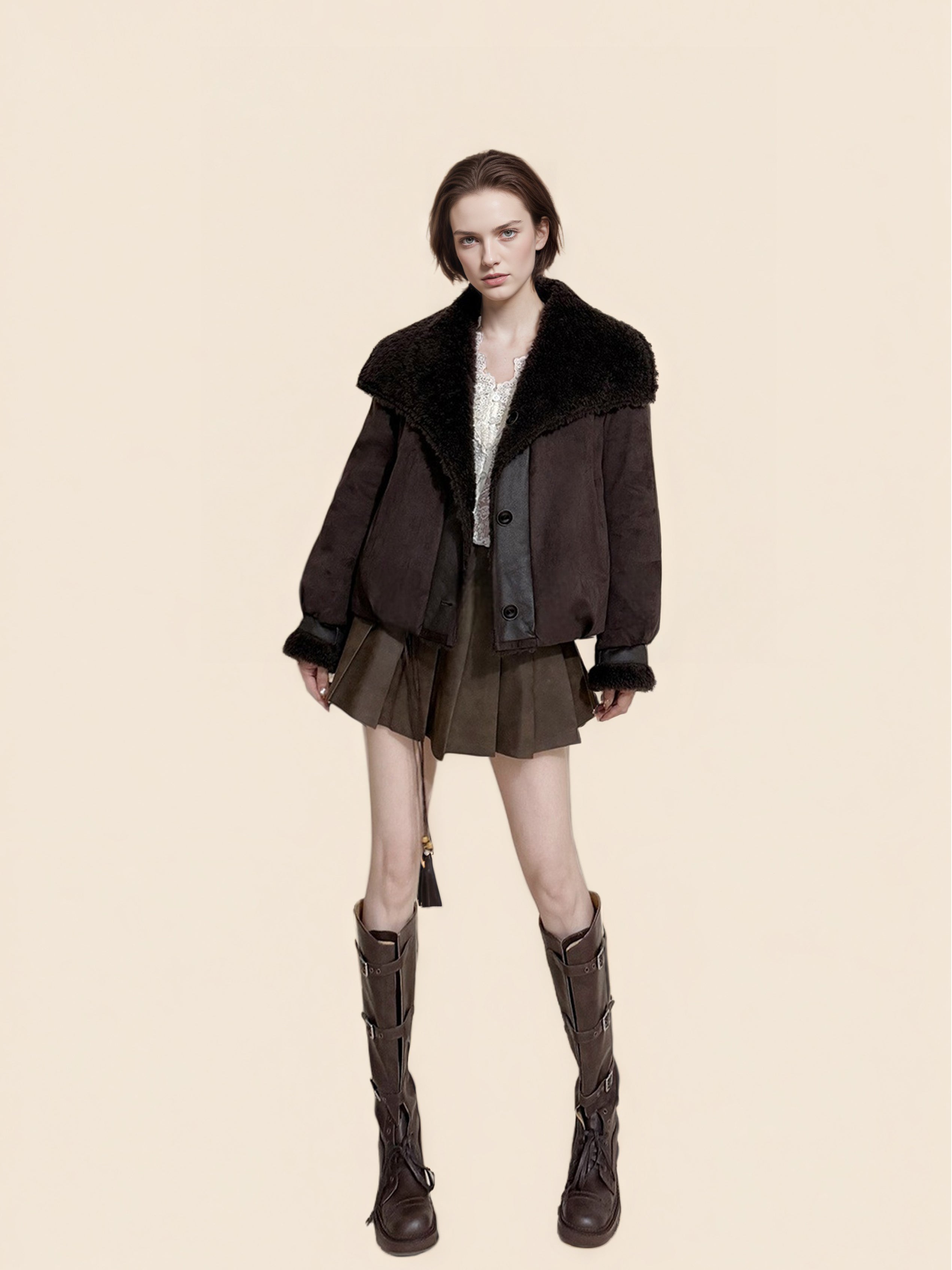 Reversible Suede-Finish Coat for Women – Faux Shearling Lined Winter Short Jacket with Lapel Collar