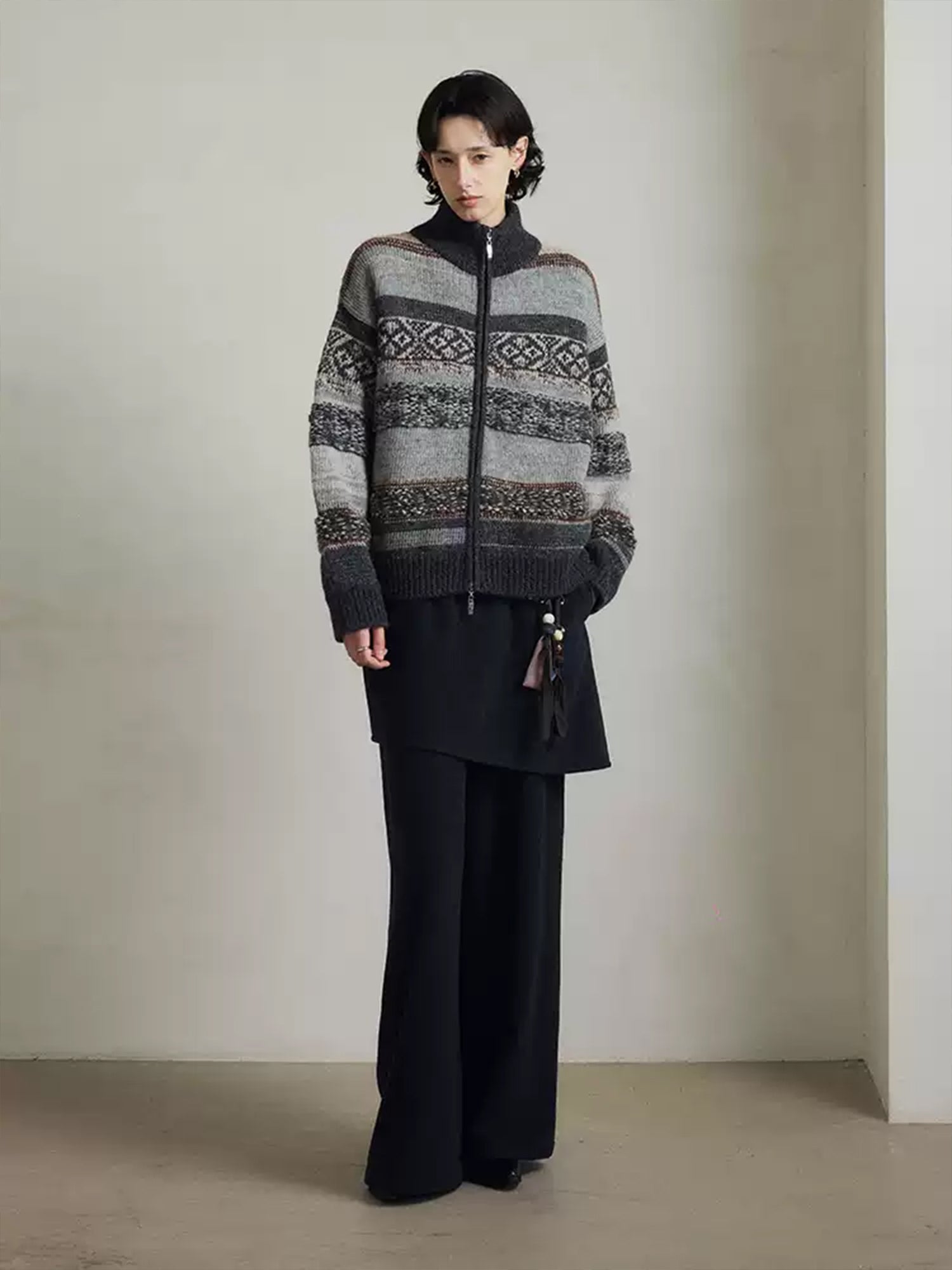 Fair Isle Geometric Knit Vintage High-Neck Sweater Jacket – Double Zipper Stand-Collar Knit for Fall/Winter