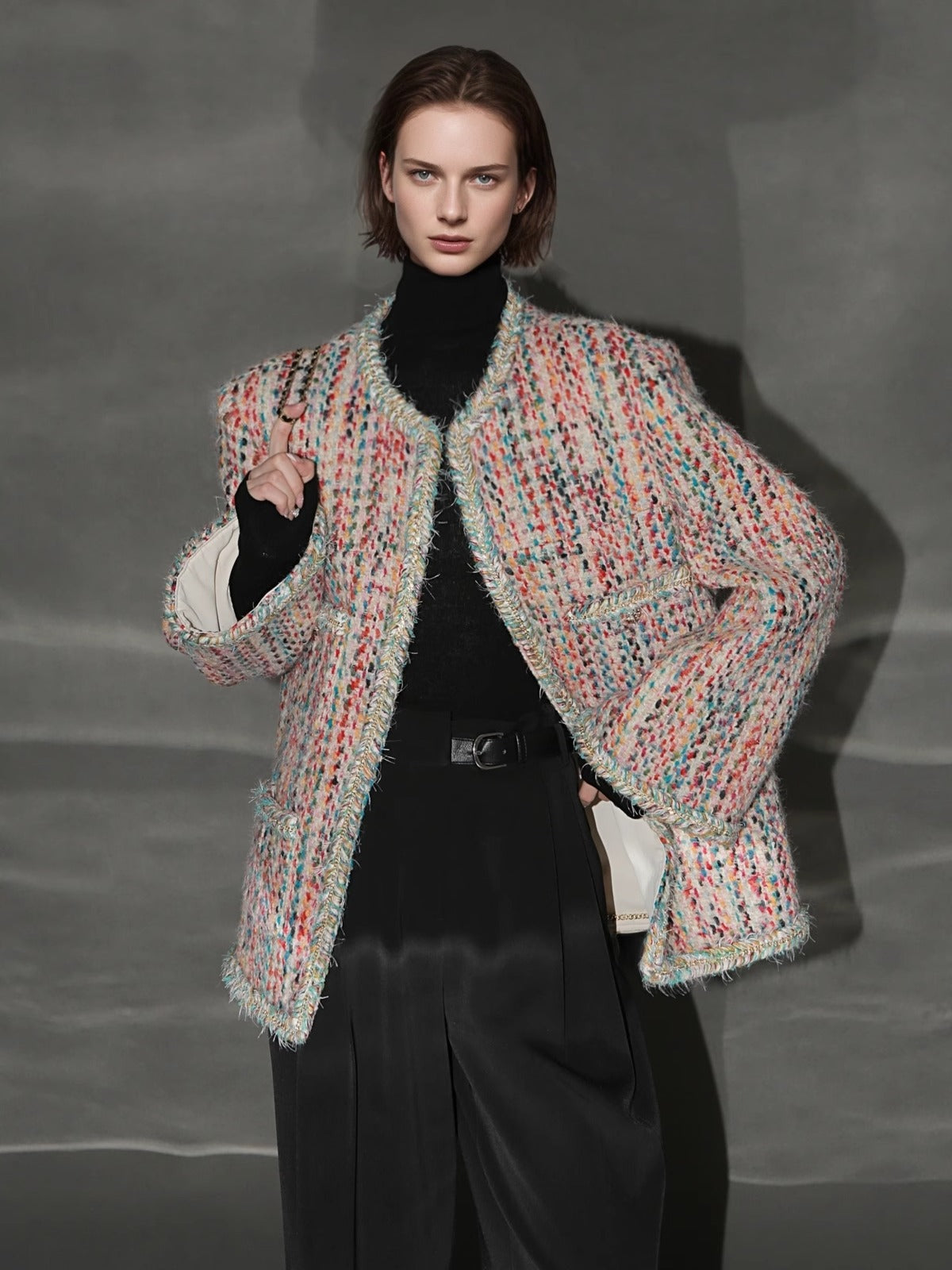 Luxury Tweed Short Jacket for Women – Handwoven Colorful Yarn Chanel-Inspired Round Neck Blazer, Autumn Fashion