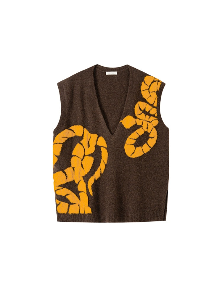 Golden Serpent Collection Wool Bouclé Knit V-Neck Vest – Loose Fit Winter Sweater Tank