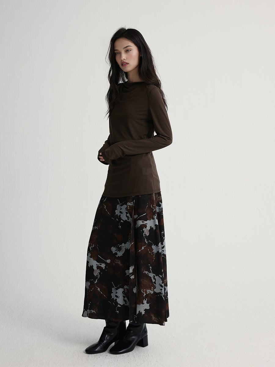 Marble Print Side Slit A-Line Skirt | Elastic Waist Long Midi Skirt