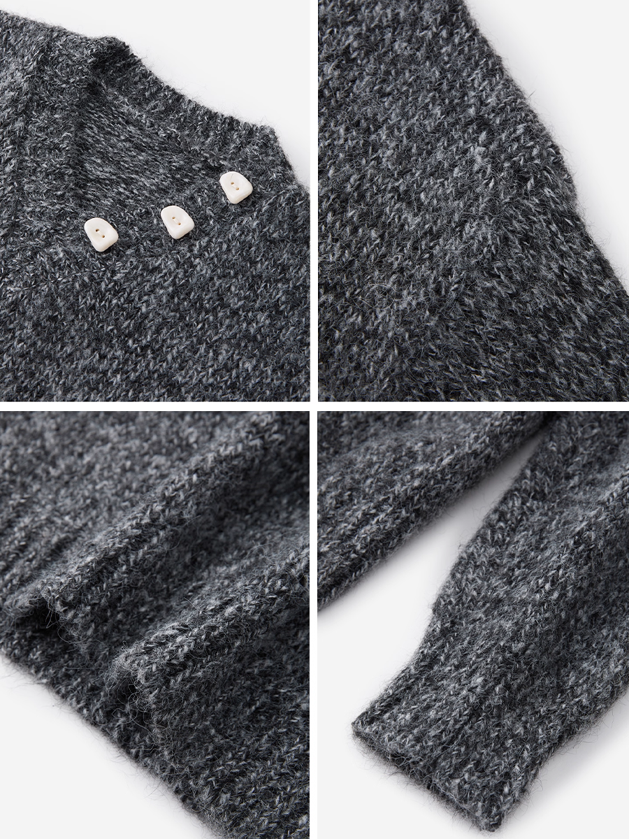 Textured Mélange Knit Sweater with Detachable Scarf | Relaxed H-Silhouette Drop-Shoulder V-Neck Pullover for Women