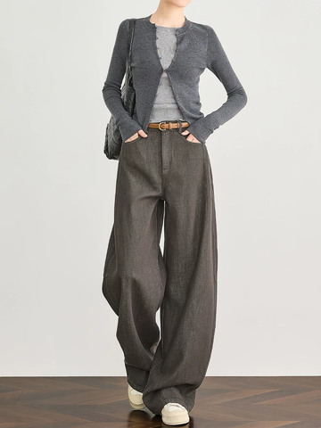 Amber Flow Tencel Brown Curved-Leg Wide-Leg Denim Pants for Women – Thickened Sickle-Cut Jeans for Fall & Winter