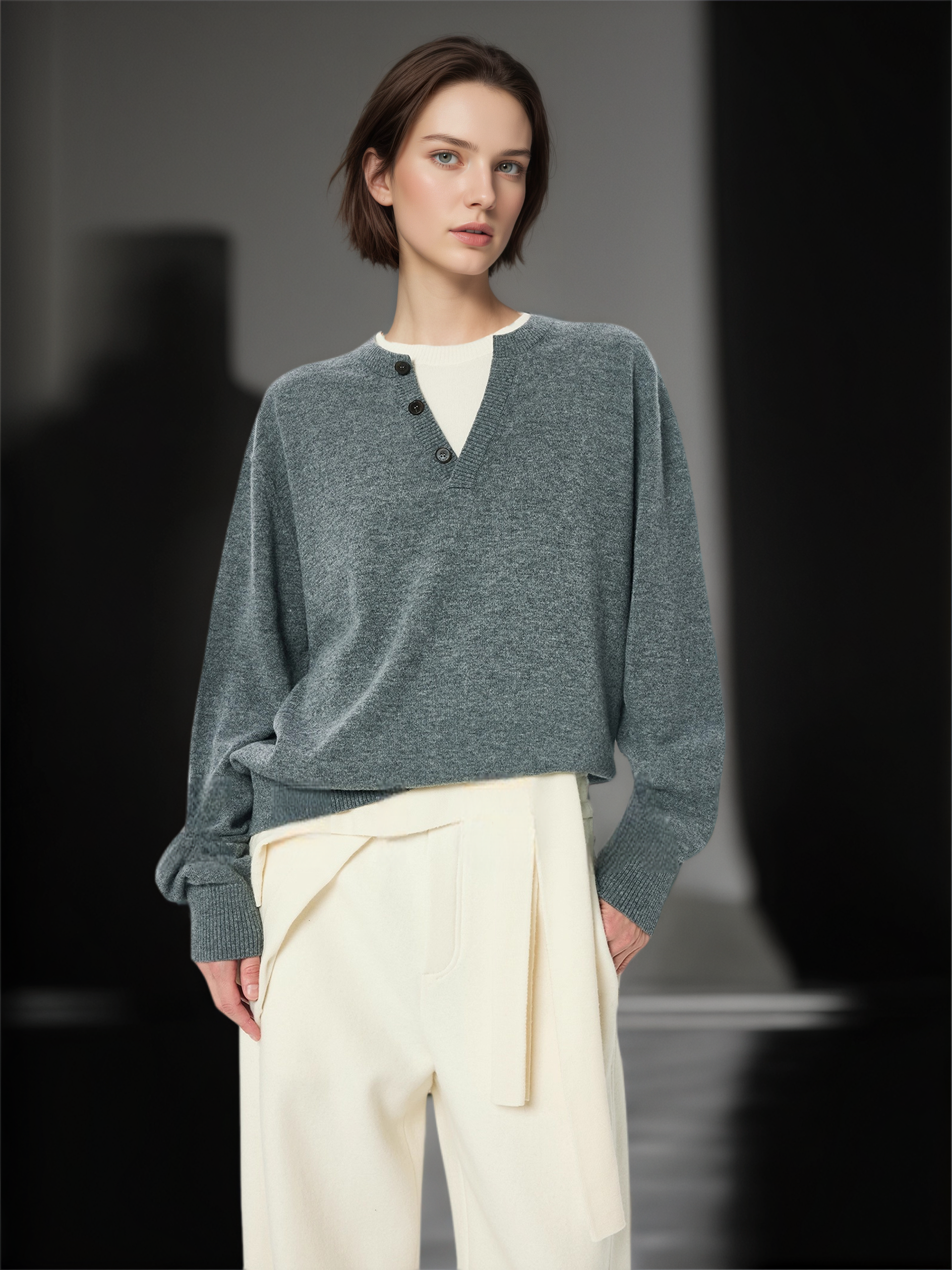 Contrast Trim Wool Cashmere Sweater for Women | Minimalist Loose Fit Ribbed Knit Top with Layered Effect