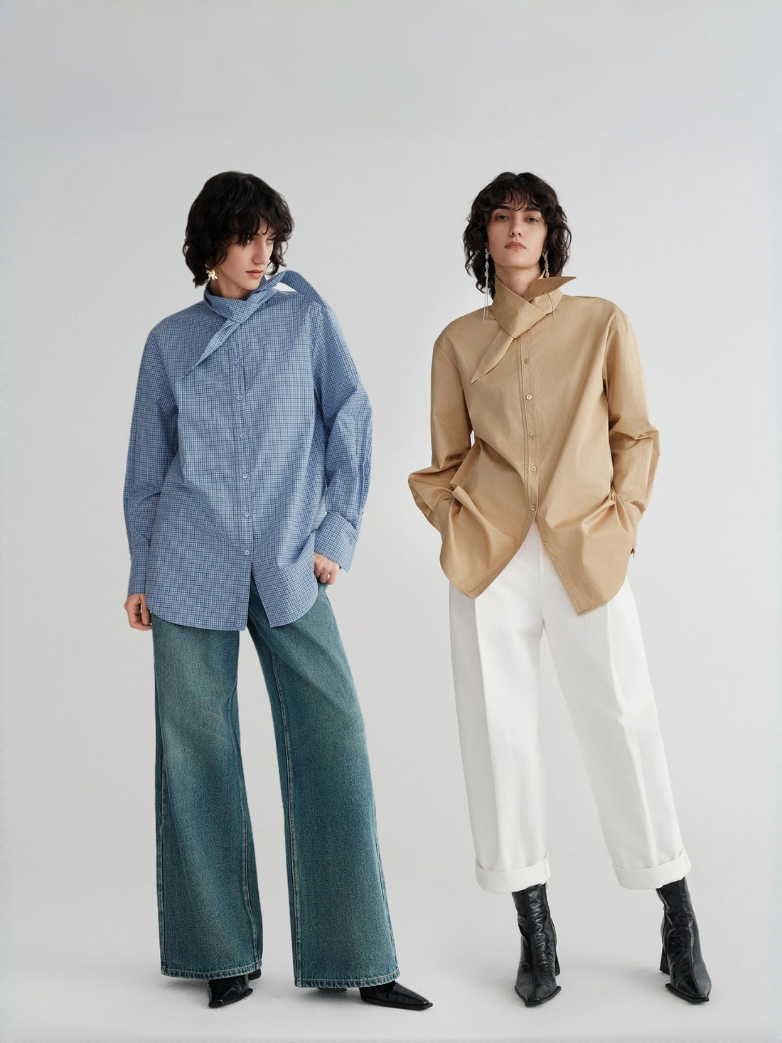Designer Cotton Scissor-Collar Shirt | Two-Way Tie-Waist Oversized Blouse in Pure Combed Cotton