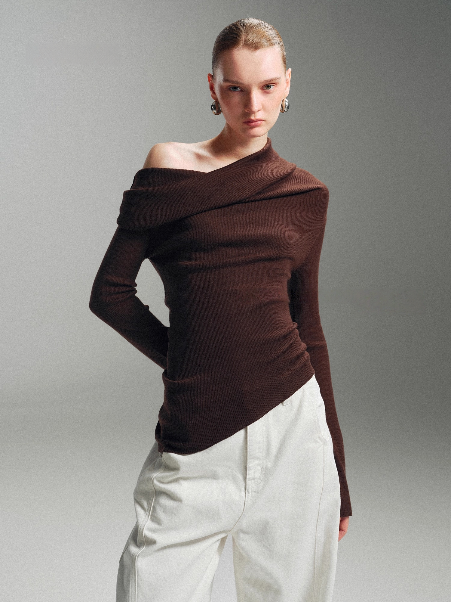 Pure Wool Fine-Rib Off-Shoulder Drape Neck Knit Top for Women – Elegant Spring/Fall Sweater