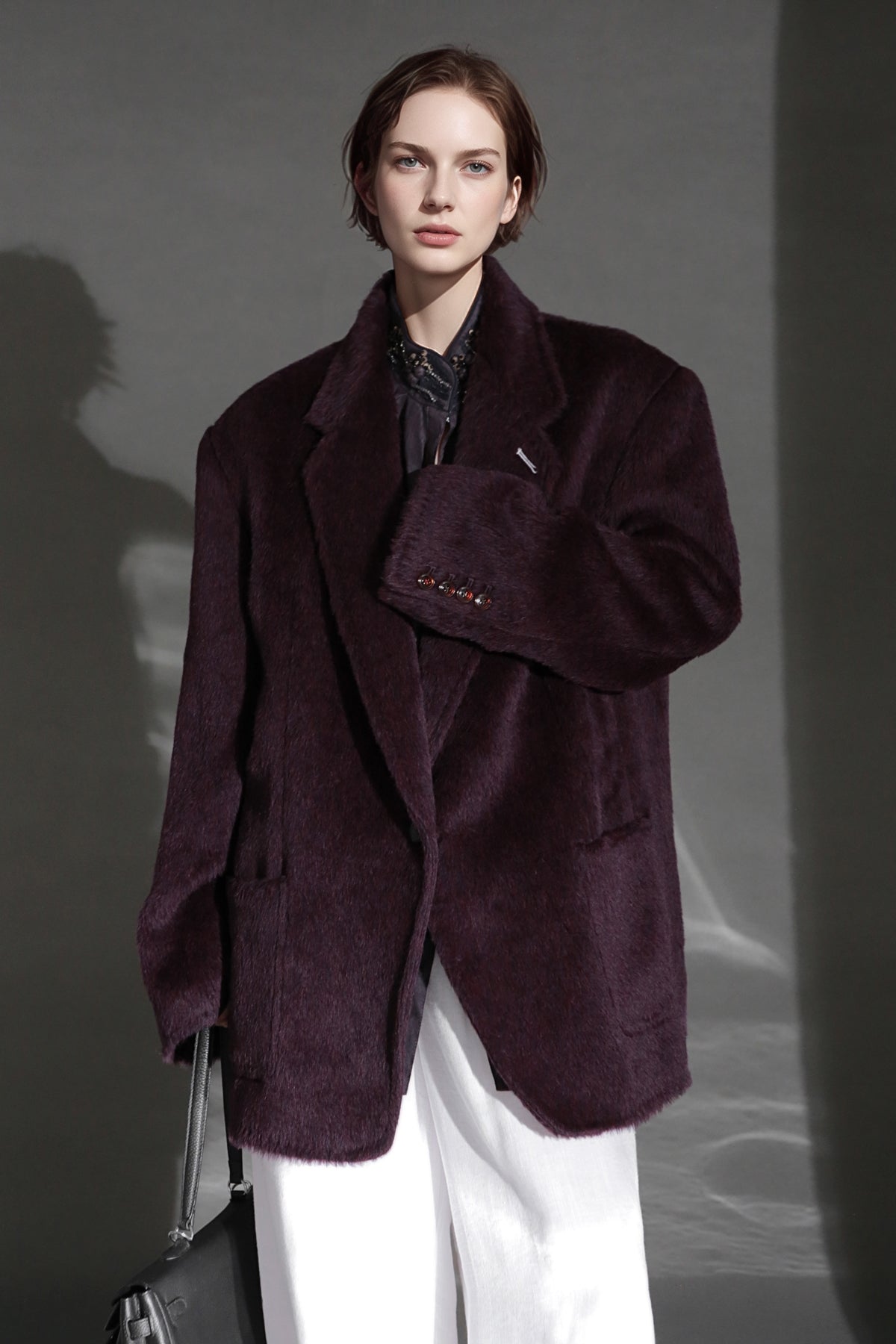 Luxury Suri Baby Alpaca Wool Coat for Women – Tailored Blazer Collar Winter Jacket, Elegant Wool & Fur-Blend Outerwear