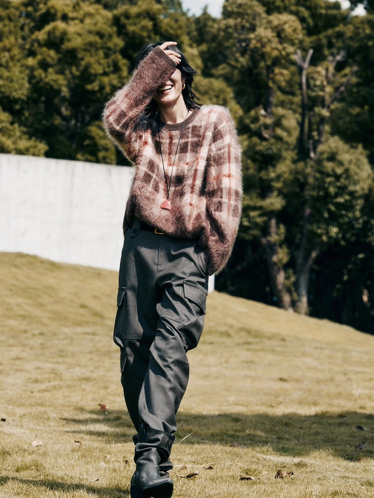 470g Thick Plaid Brushed Cashmere Sweater – Slimming, Wide-Fit Cozy Knit Top