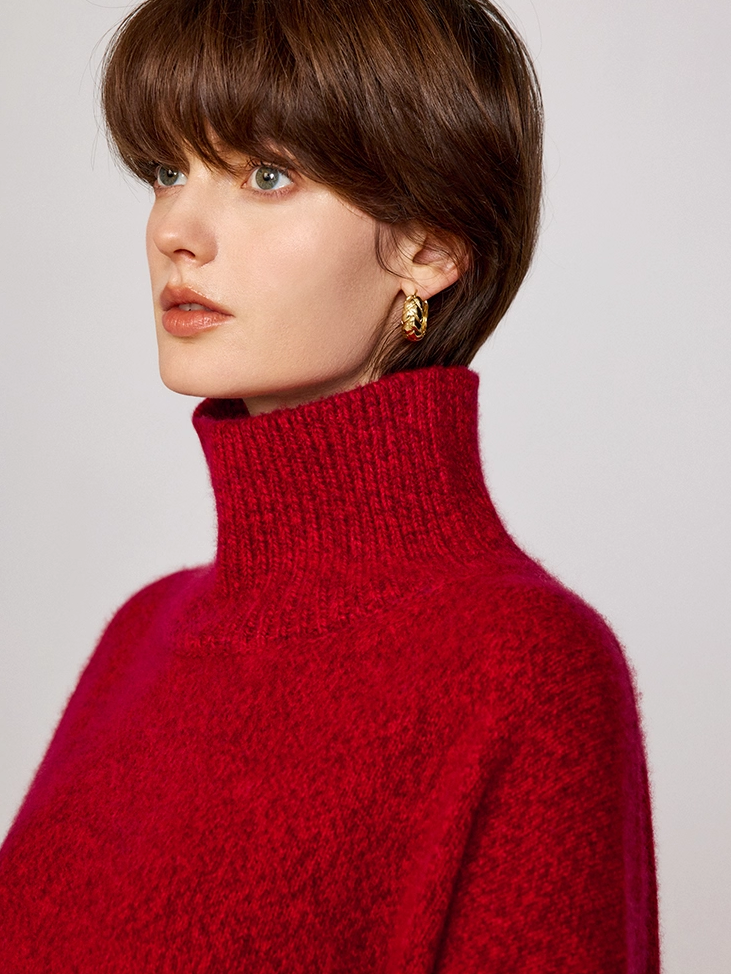 Soft New Year Red 100% Cashmere Sweater for Women – A-Grade Dyed Mélange Yarn, Thickened Turtleneck, Cozy Oversized Knit