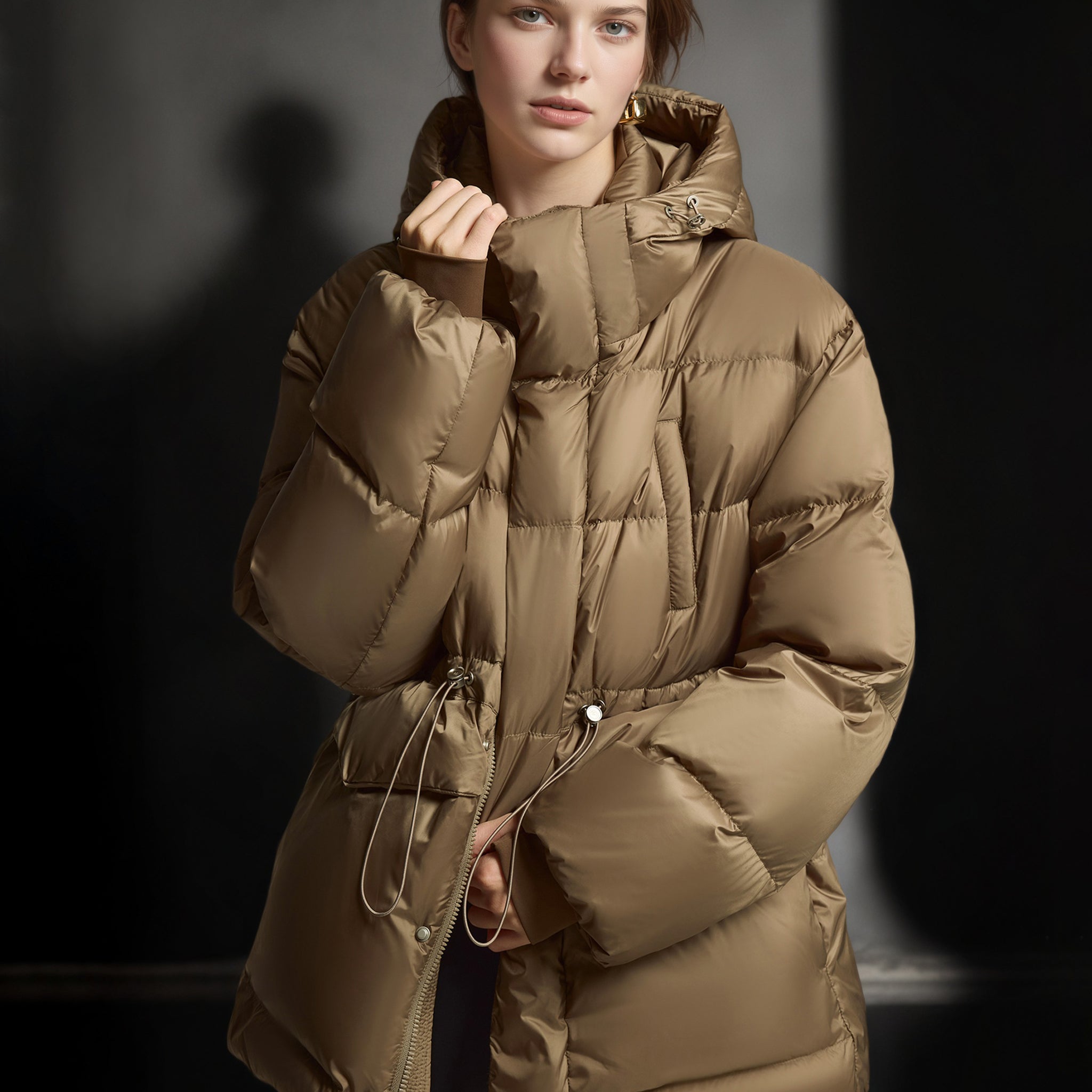 White Duck Down Hooded Puffer Coat – Drawstring Waist, Warm Thickened Loose Fit Winter Jacket for Women