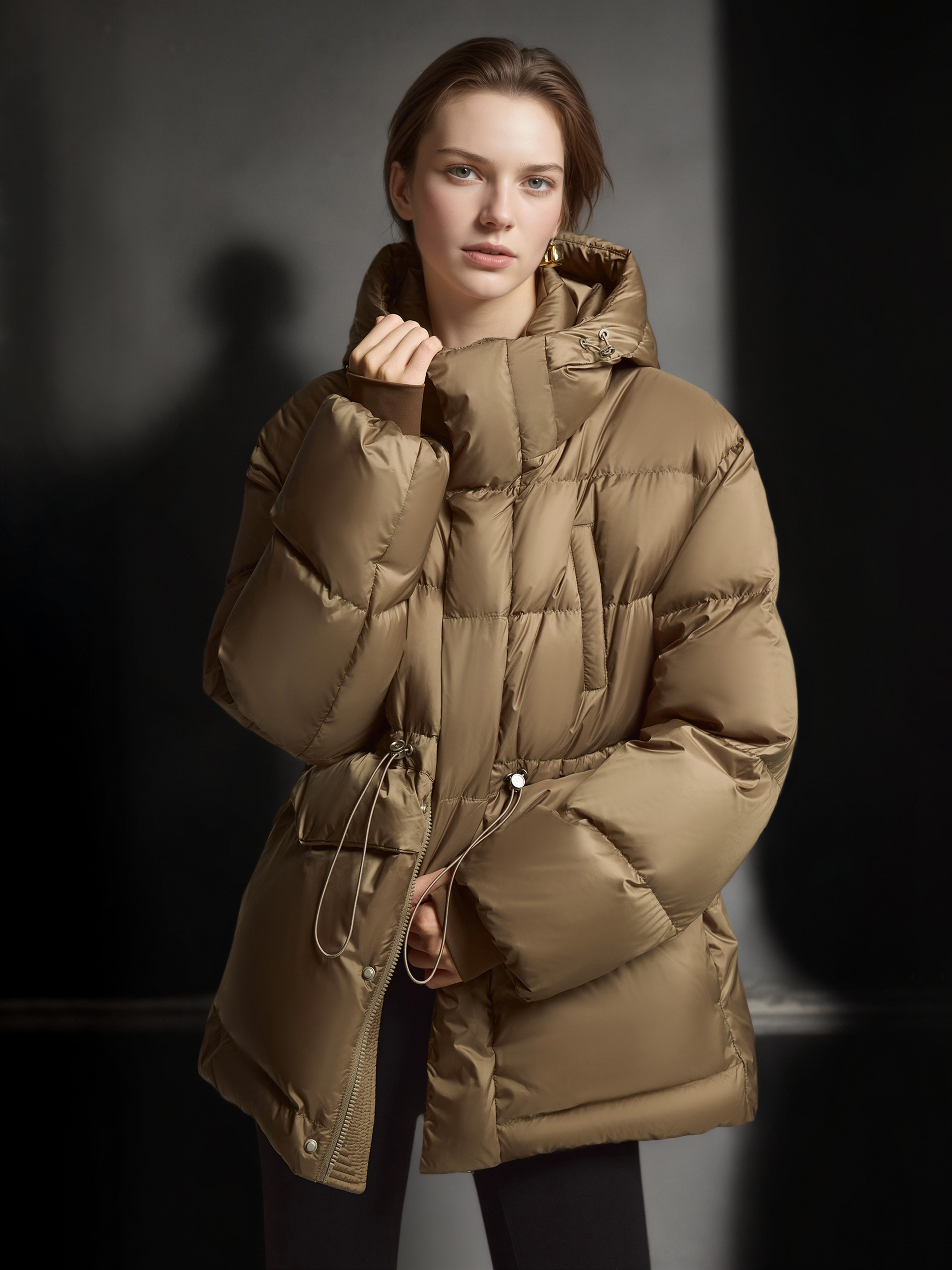 White Duck Down Hooded Puffer Coat – Drawstring Waist, Warm Thickened Loose Fit Winter Jacket for Women