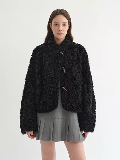 Women’s Short Shearling Jacket — Curly Wool Fleece, Warm Cozy Lambswool Coat
